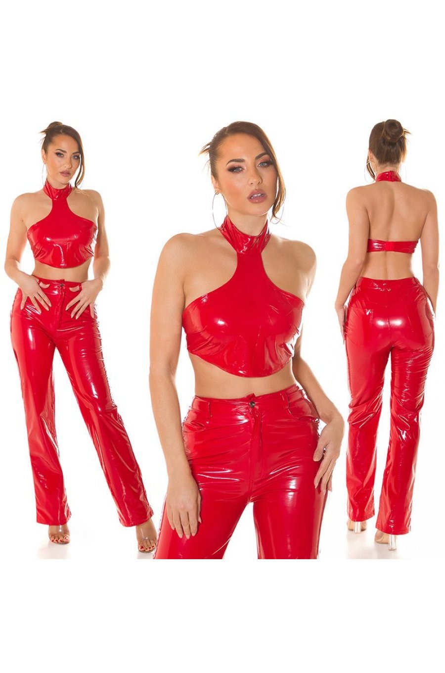 Tinuta de club, top rosu din latex si pantaloni evazati Victory 2 - jojofashion.ro