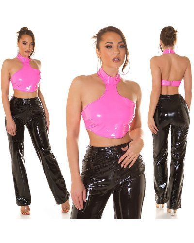 Tinuta de club, top roz din latex si pantaloni negri evazati Victory Tinute de club, Tinuta de club, top roz din latex si pantaloni negri evazati Victory - jojofashion.ro