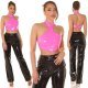 Tinuta de club, top roz din latex si pantaloni negri evazati Victory 3 - jojofashion.ro