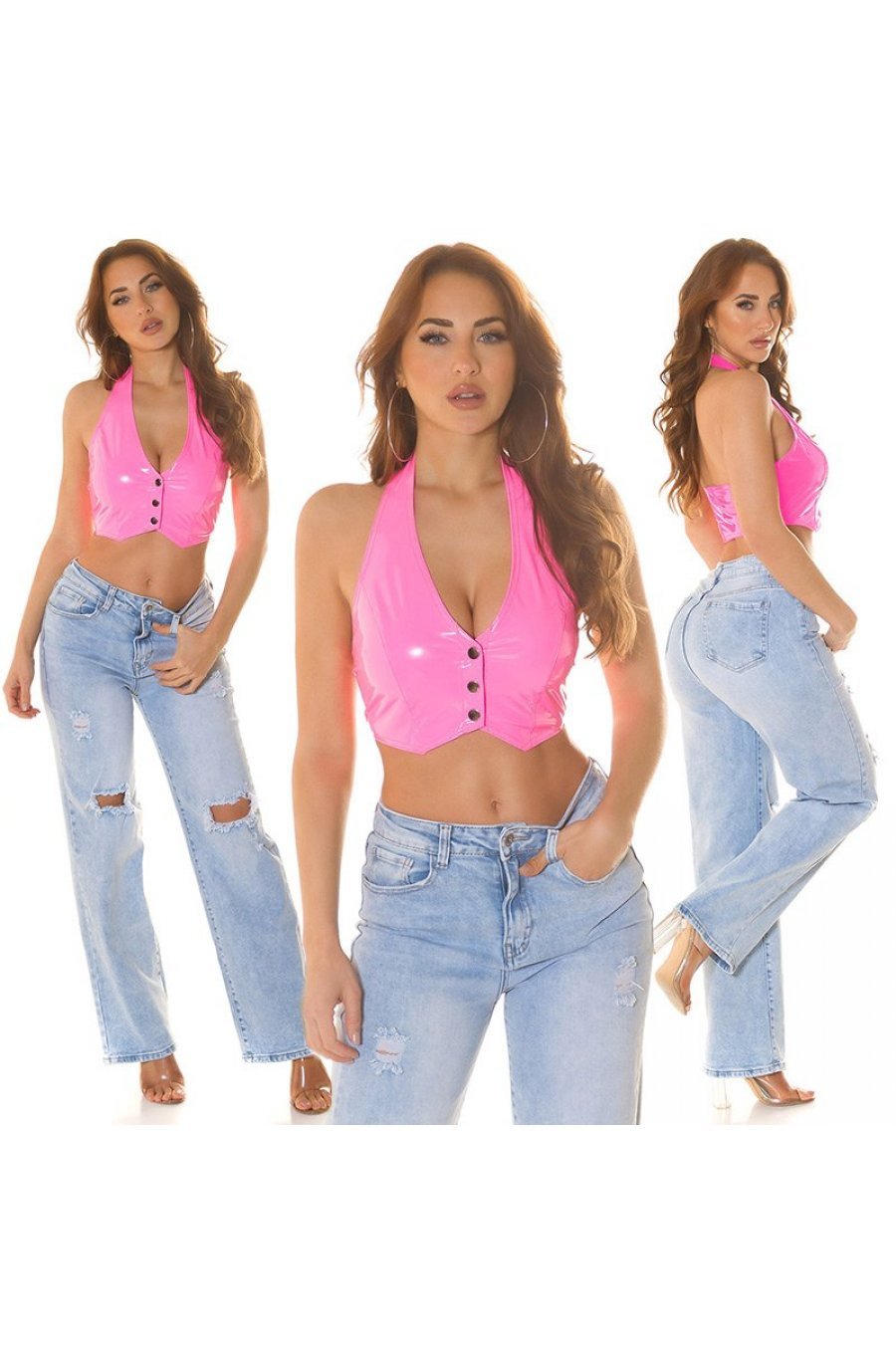 Crop top dama, din latex, roz neon, Kassya 4 - jojofashion.ro