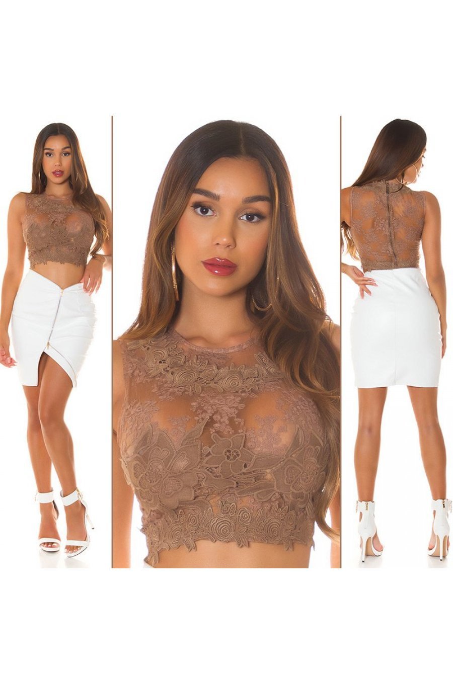 Crop top dama elegant, cappuccino, semitransparent, Marlie 8 - jojofashion.ro