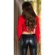 Crop top dama elegant din piele eco, rosu, cu maneca lunga, Zora 4 - jojofashion.ro