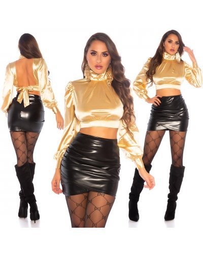 Tinuta crop top satin auriu si fusta piele eco neagra Kaline Tinute de club, Tinuta crop top satin auriu si fusta piele eco neagra Kaline - jojofashion.ro
