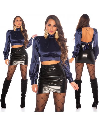 Tinuta crop top satin bleumarin si fusta piele eco neagra Kaline Tinute de club, Tinuta crop top satin bleumarin si fusta piele eco neagra Kaline - jojofashion.ro