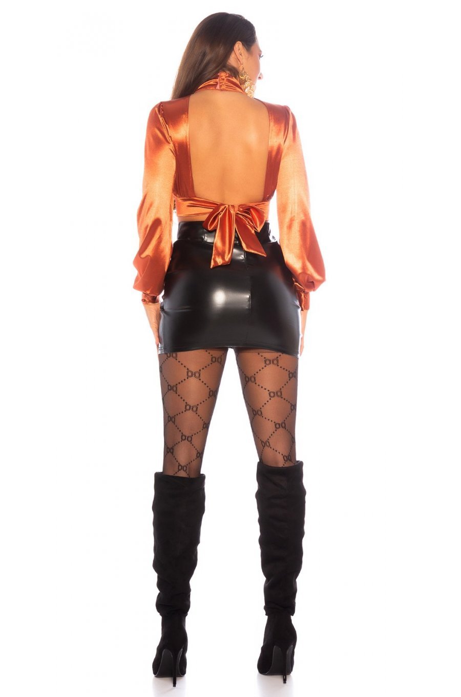 Crop top dama elegant, din satin bronz, cu maneca lunga, Kaline Crop top dama elegant, din satin bronz, cu maneca lunga, Kaline 4 - jojofashion.ro