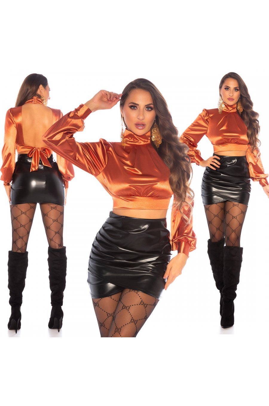 Crop top dama elegant, din satin bronz, cu maneca lunga, Kaline Crop top dama elegant, din satin bronz, cu maneca lunga, Kaline 6 - jojofashion.ro