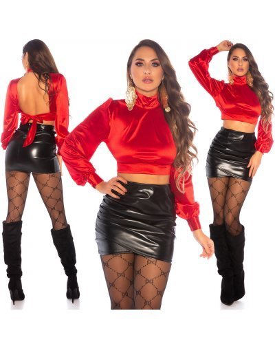 Tinuta crop top satin rosu si fusta piele eco neagra Kaline Tinute de club, Tinuta crop top satin rosu si fusta piele eco neagra Kaline - jojofashion.ro