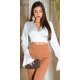 Crop top dama elegant, petrecut, din satin alb, cu maneca lunga, Brunella 2 - jojofashion.ro