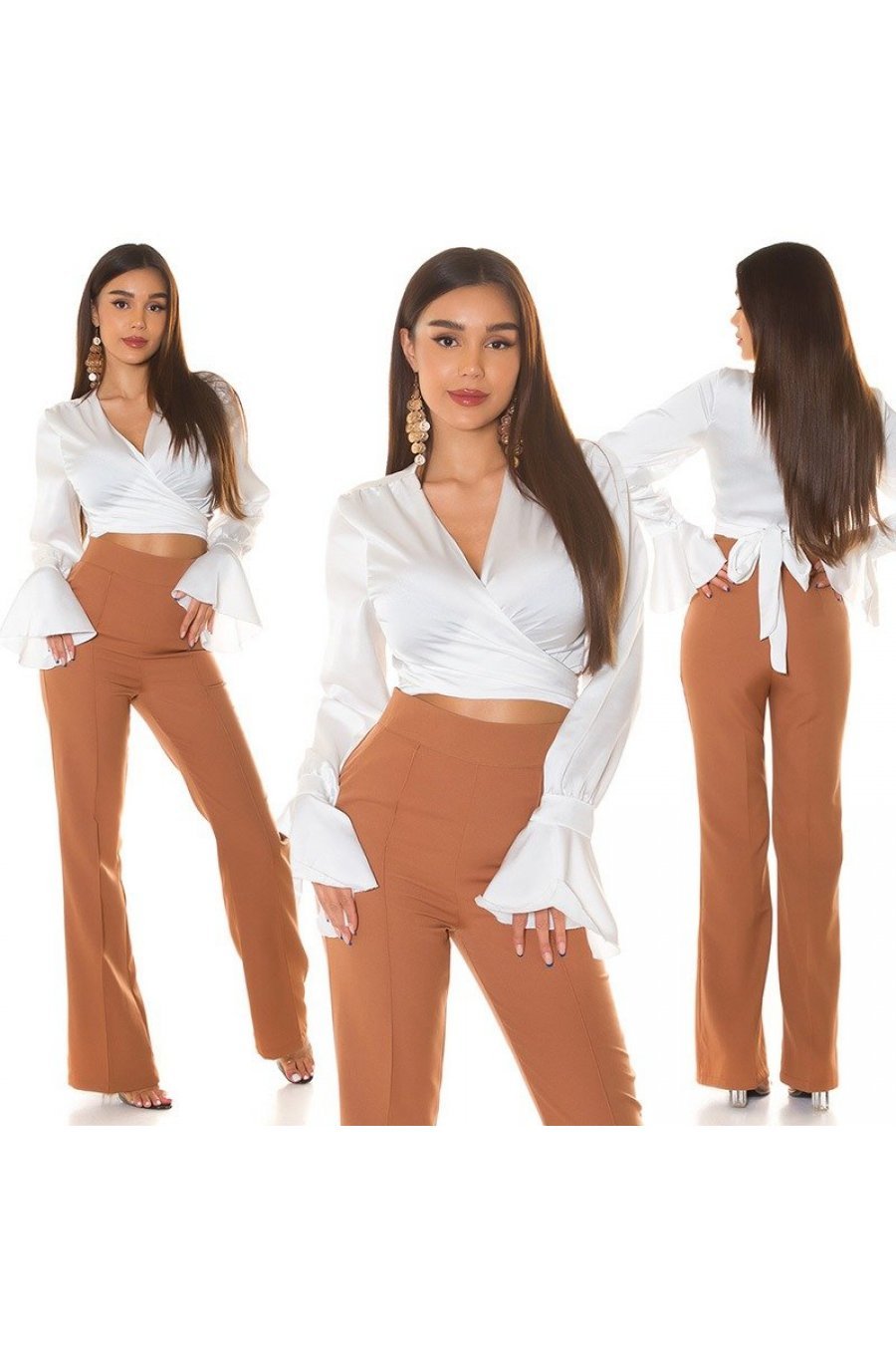 Crop top dama elegant, petrecut, din satin alb, cu maneca lunga, Brunella 7 - jojofashion.ro