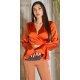 Crop top dama elegant, petrecut, din satin orange, cu maneca lunga, Brunella 2 - jojofashion.ro