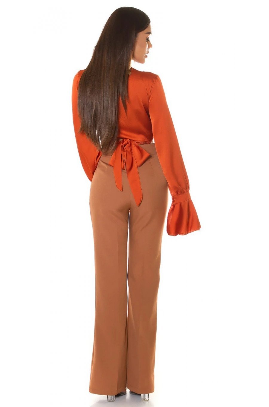 Crop top dama elegant, petrecut, din satin orange, cu maneca lunga, Brunella 4 - jojofashion.ro