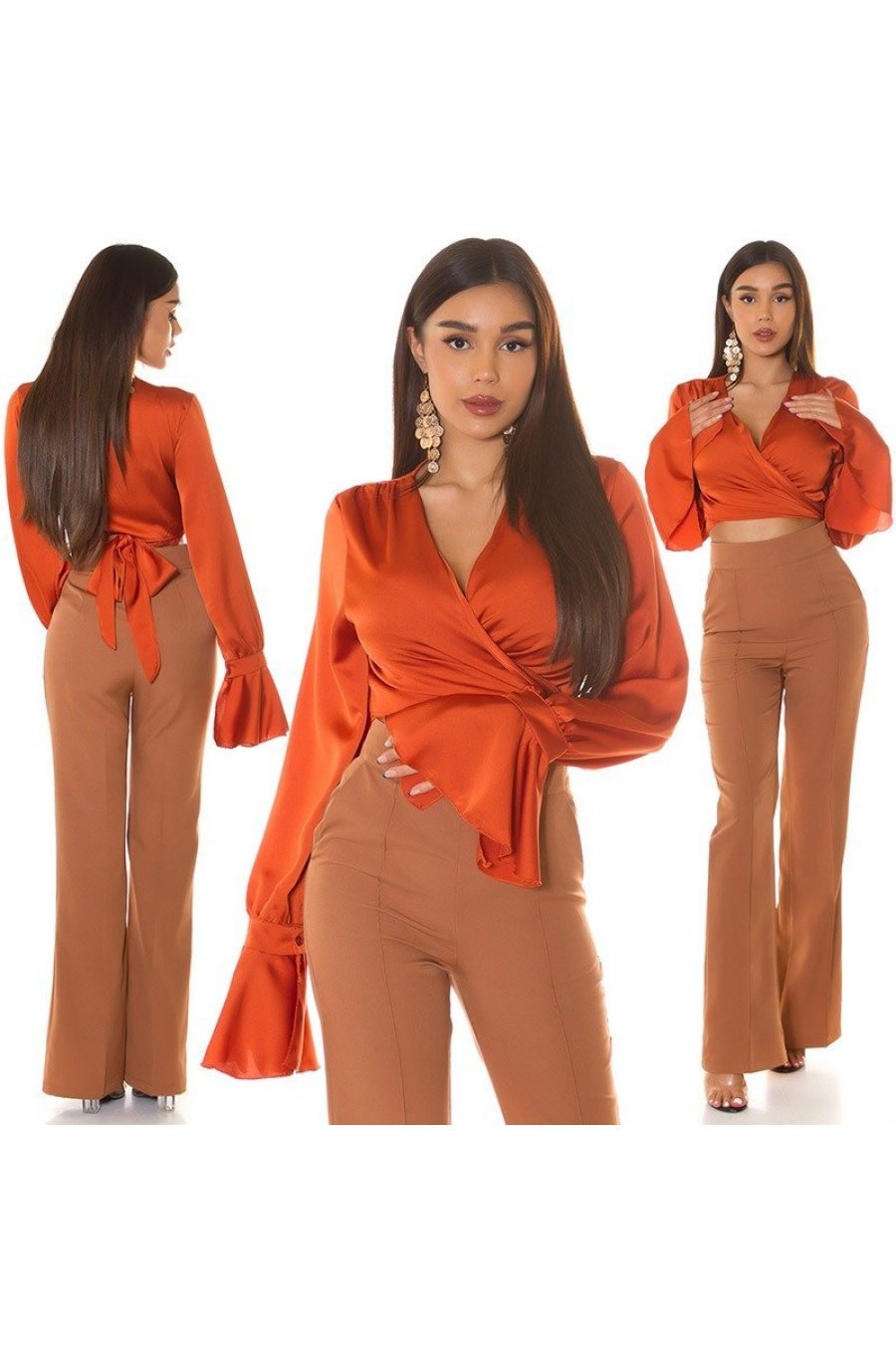 Crop top dama elegant, petrecut, din satin orange, cu maneca lunga, Brunella 6 - jojofashion.ro