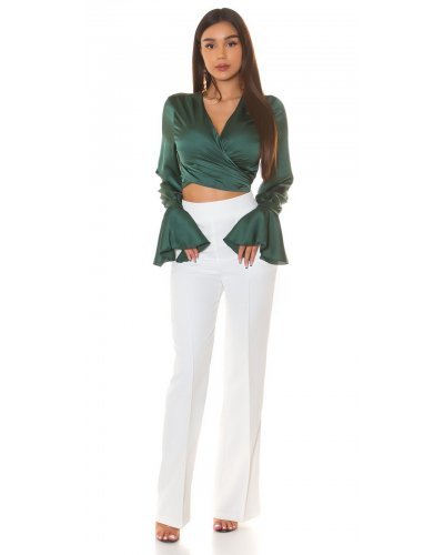 Tinuta crop top satin verde si pantaloni albi evazati Brunella Tinute de club, Tinuta crop top satin verde si pantaloni albi evazati Brunella - jojofashion.ro