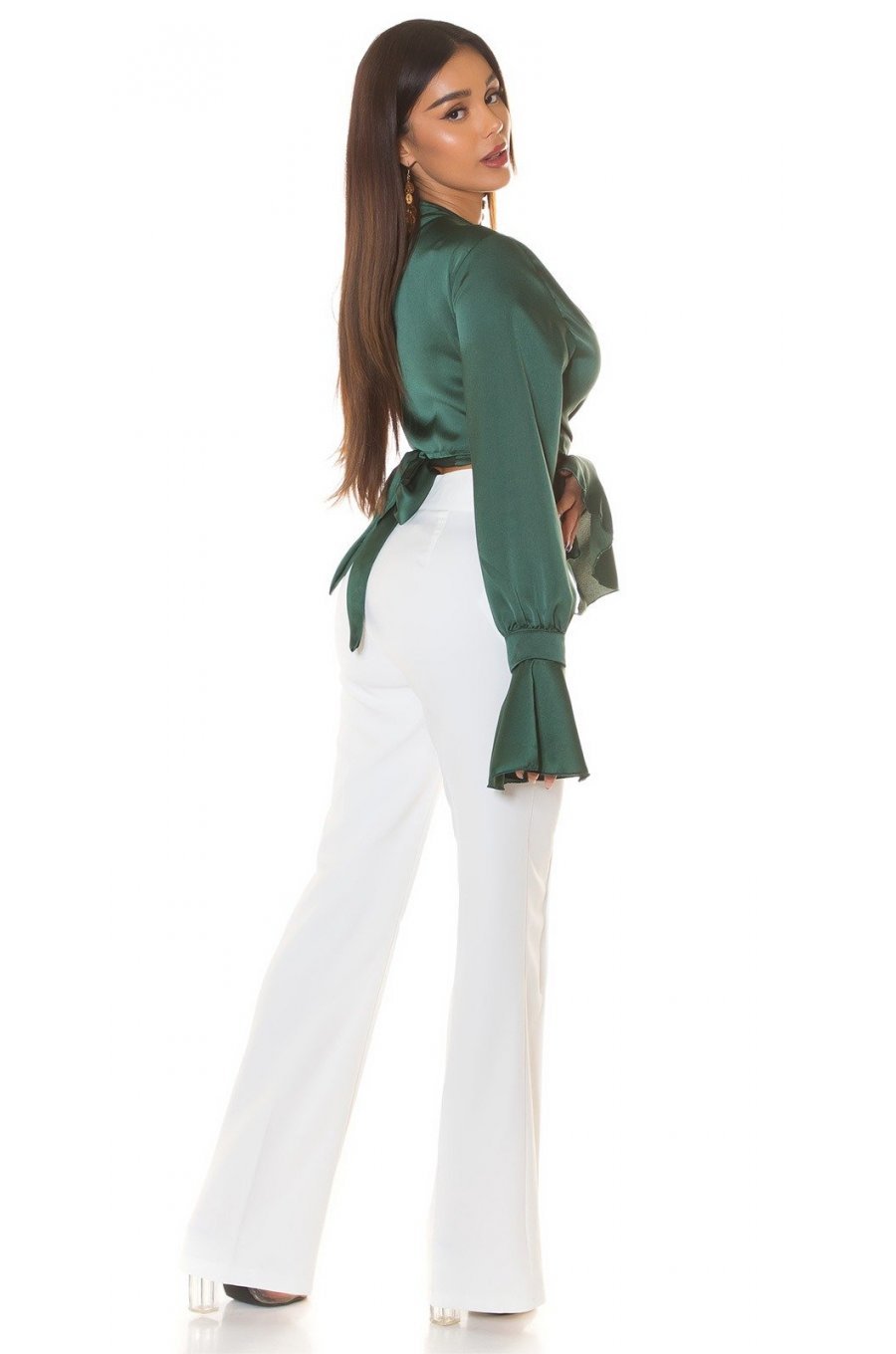Crop top dama elegant, petrecut, din satin verde, cu maneca lunga, Brunella 4 - jojofashion.ro