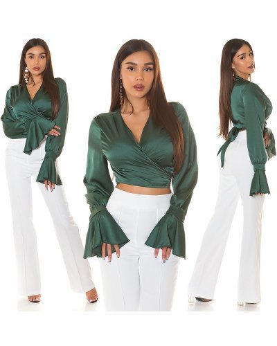 Tinuta crop top satin verde si pantaloni albi evazati Brunella Tinute de club, Tinuta crop top satin verde si pantaloni albi evazati Brunella - jojofashion.ro