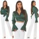 Tinuta crop top satin verde si pantaloni albi evazati Brunella 3 - jojofashion.ro
