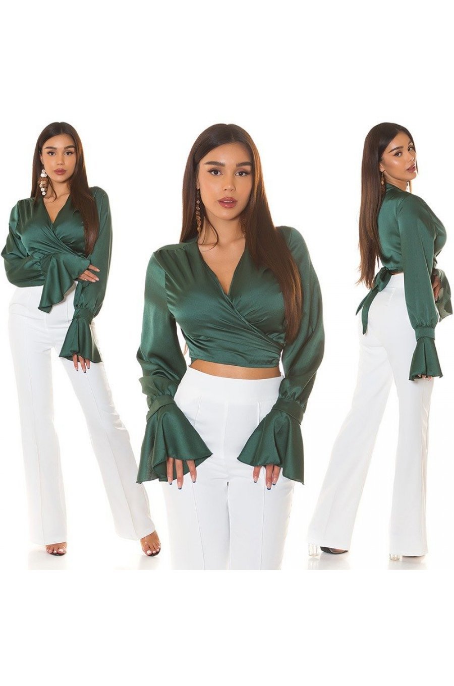 Tinuta crop top satin verde si pantaloni albi evazati Brunella 2 - jojofashion.ro
