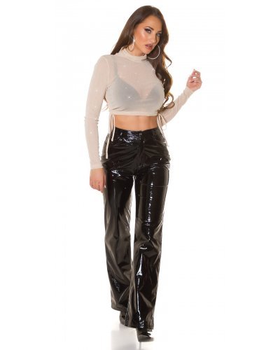 Tinuta crop top glitter bej si pantaloni negri din latex Waterfall Tinute de club, Tinuta crop top glitter bej si pantaloni negri din latex Waterfall - jojofashion.ro