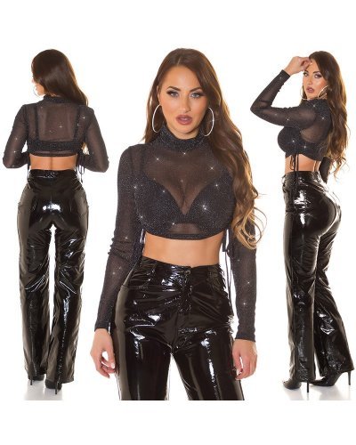 Tinuta crop top glitter negru si pantaloni din latex Waterfall Tinute de club, Tinuta crop top glitter negru si pantaloni din latex Waterfall - jojofashion.ro