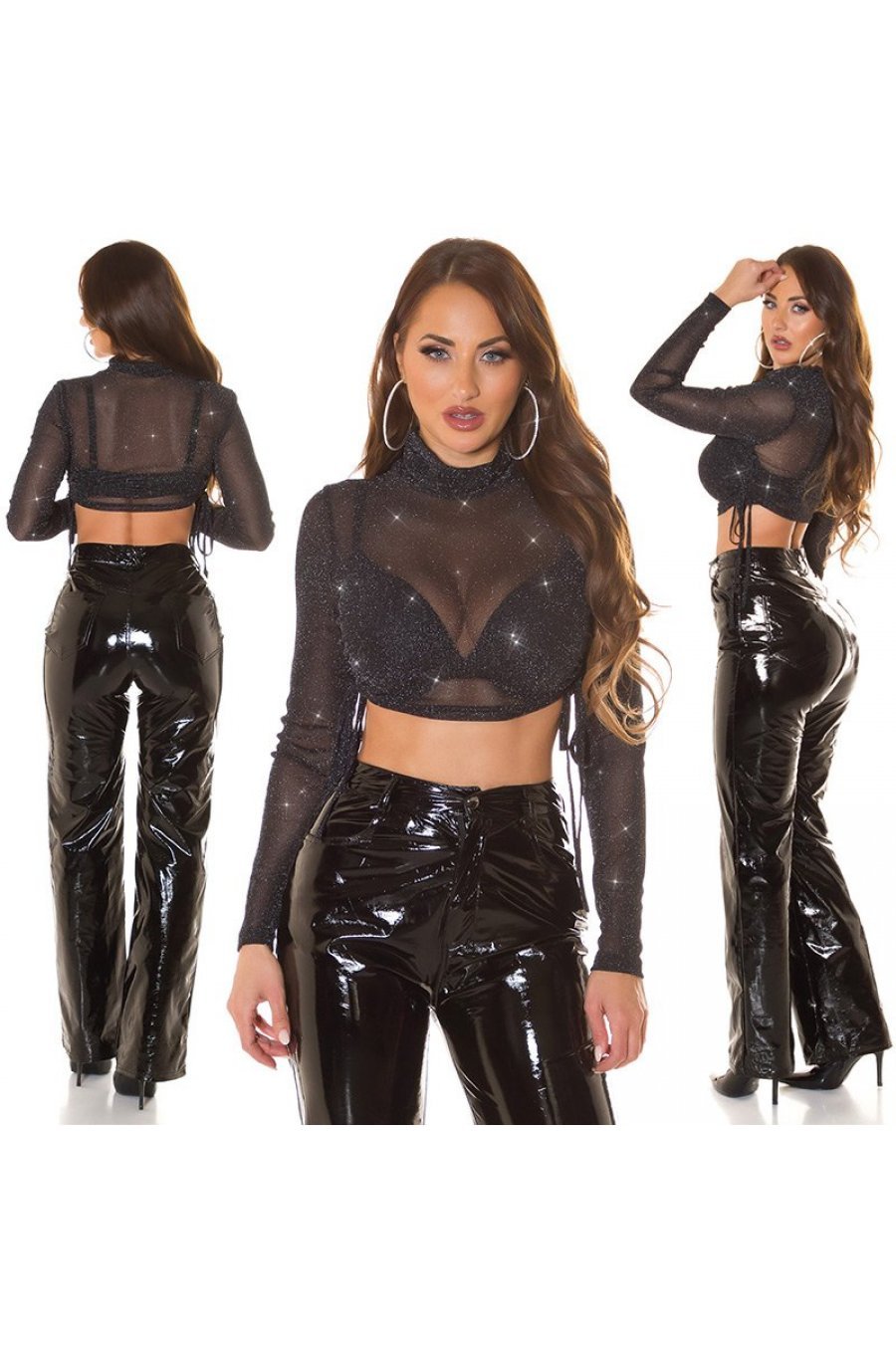 Crop top dama glitter negru, cu maneca lunga, WaterFall 5 - jojofashion.ro