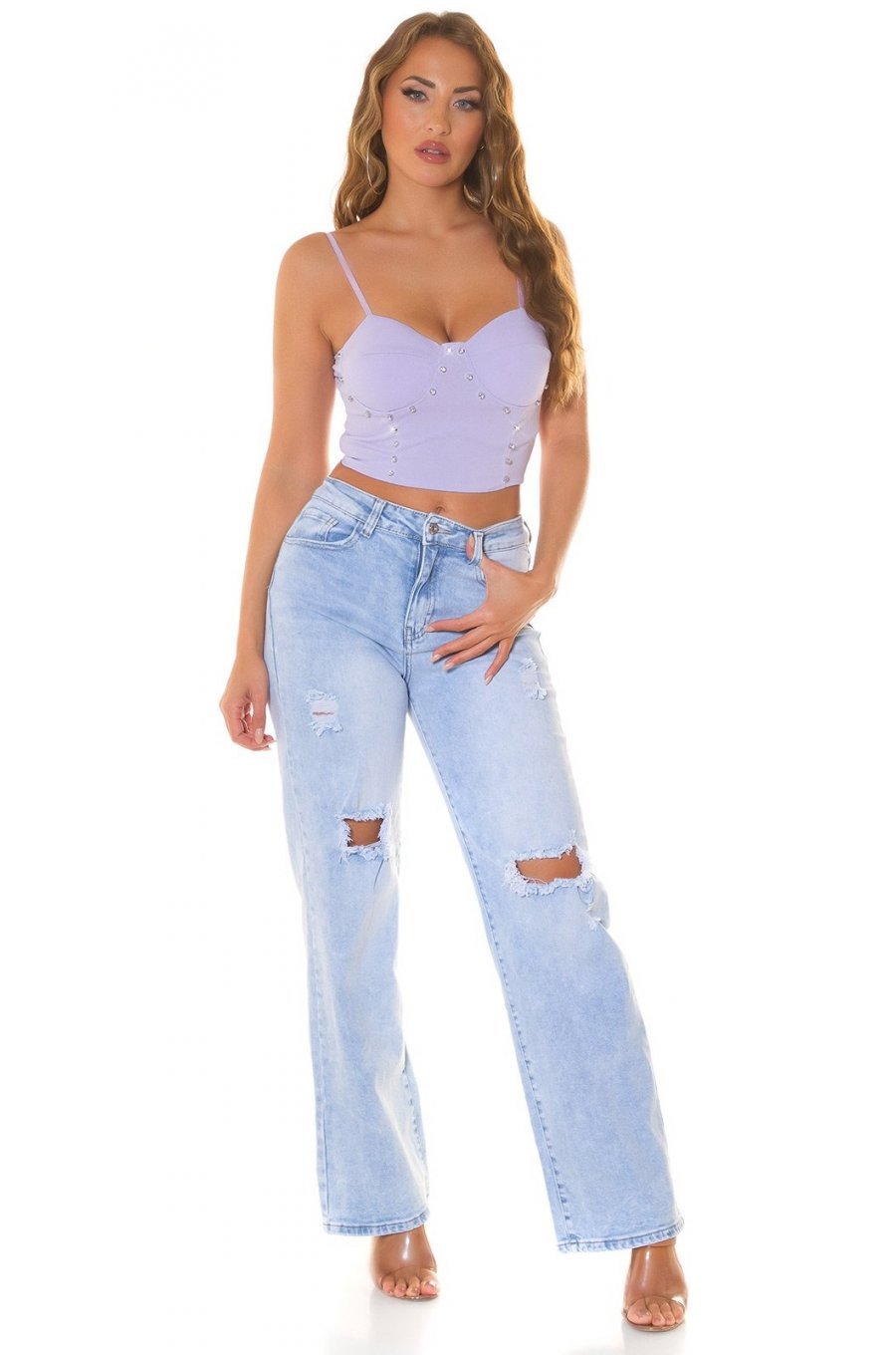 Crop top dama, lila, cu pietricele si cupe incorporate, Karinne 3 - jojofashion.ro