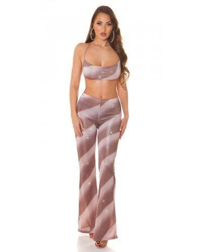 Tinuta glitter top maro si pantaloni evazati Aireen Tinute de club, Tinuta glitter top maro si pantaloni evazati Aireen - jojofashion.ro