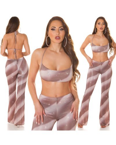 Tinuta glitter top maro si pantaloni evazati Aireen Tinute de club, Tinuta glitter top maro si pantaloni evazati Aireen - jojofashion.ro
