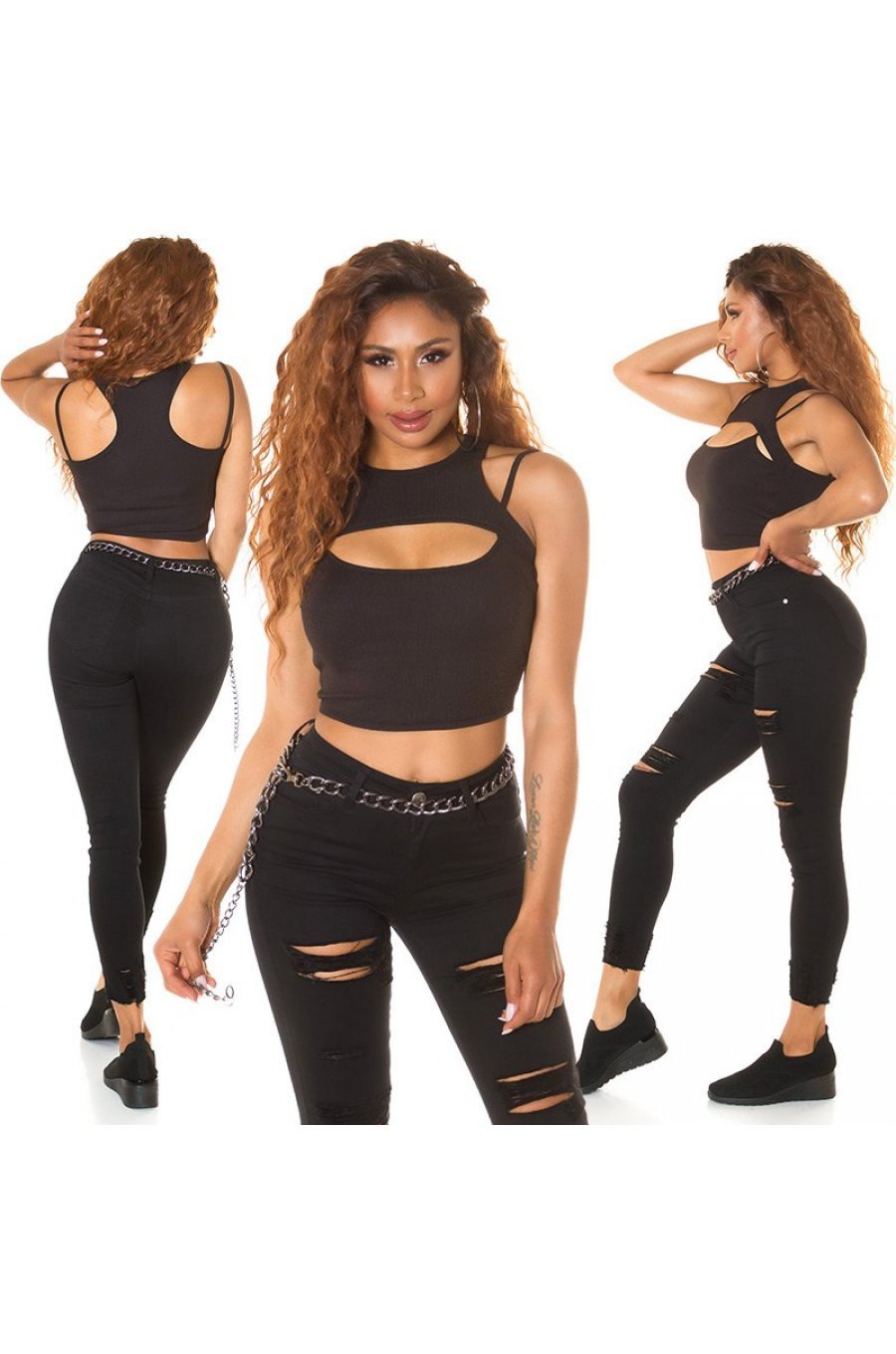 Crop top dama negru cu decupaje, Genevieve 7 - jojofashion.ro