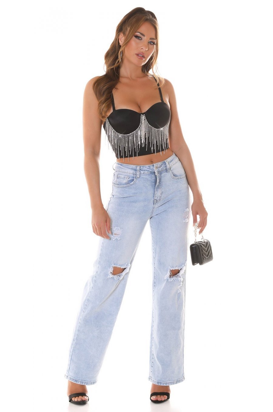 Crop top dama negru, cu franjuri argintii, Yandra Crop top dama negru, cu franjuri argintii, Yandra 6 - jojofashion.ro