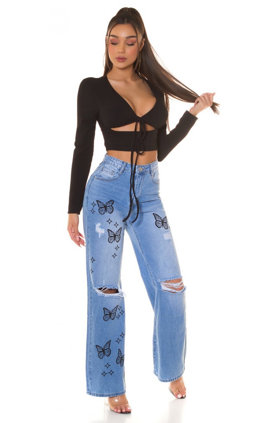 Crop top dama negru, cu maneca lunga si cupe, Darya 3 - jojofashion.ro