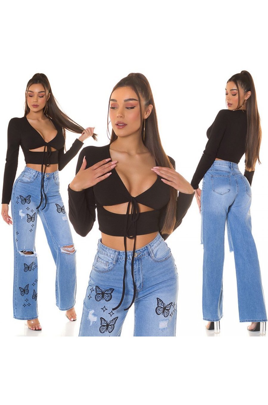 Crop top dama negru, cu maneca lunga si cupe, Darya 6 - jojofashion.ro