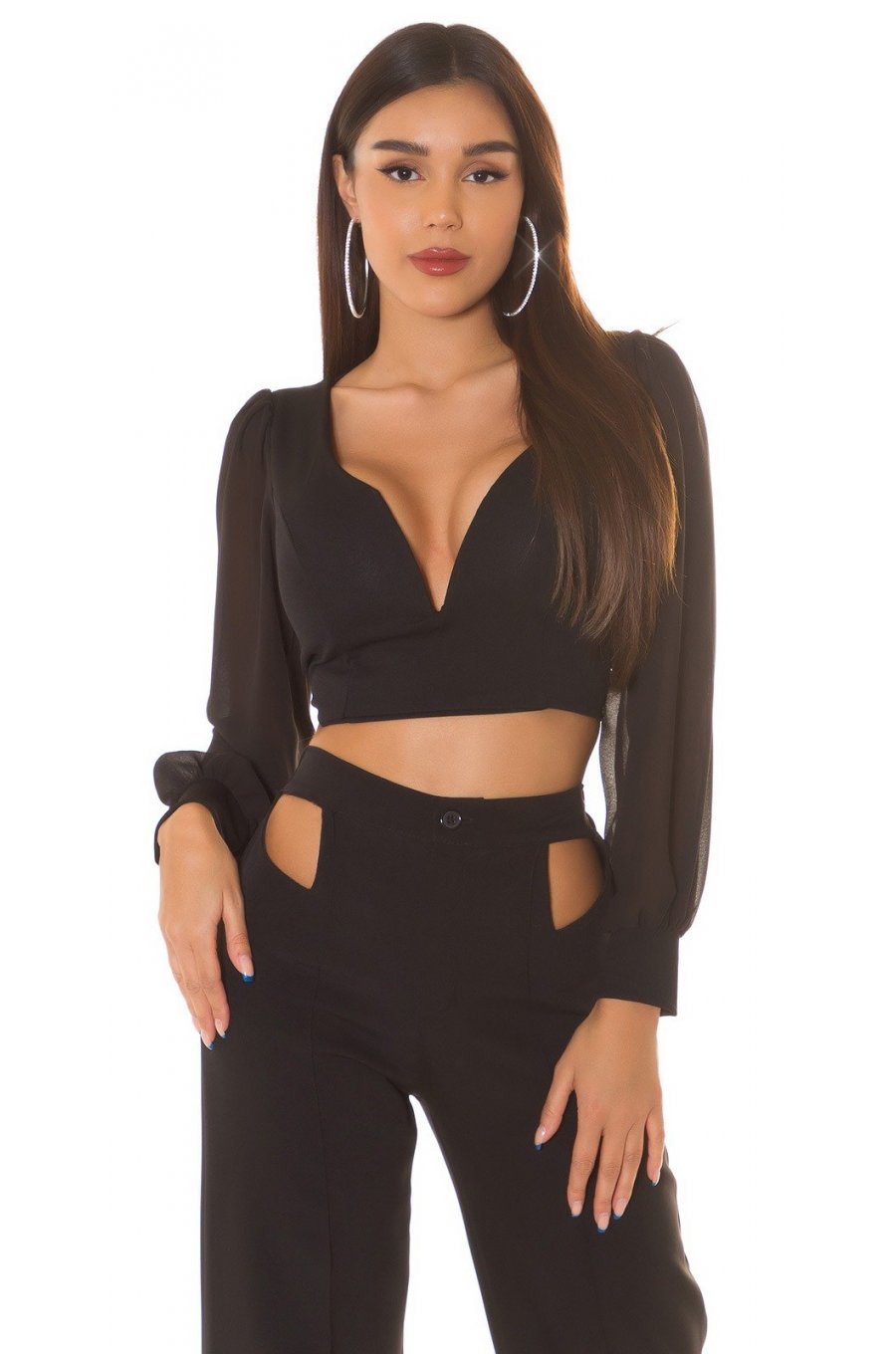 Crop top dama, negru, cu maneca lunga si decolteu in V, Meredith Crop top dama, negru, cu maneca lunga si decolteu in V, Meredith 1 - jojofashion.ro