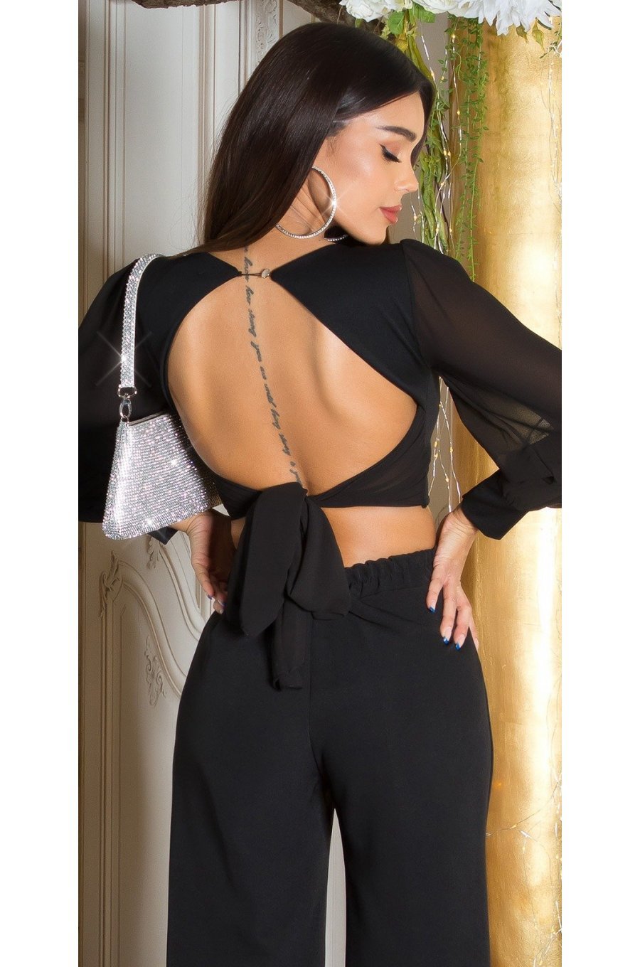 Crop top dama, negru, cu maneca lunga si decolteu in V, Meredith Crop top dama, negru, cu maneca lunga si decolteu in V, Meredith 2 - jojofashion.ro