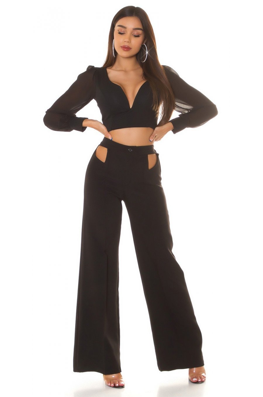Crop top dama, negru, cu maneca lunga si decolteu in V, Meredith Crop top dama, negru, cu maneca lunga si decolteu in V, Meredith 3 - jojofashion.ro