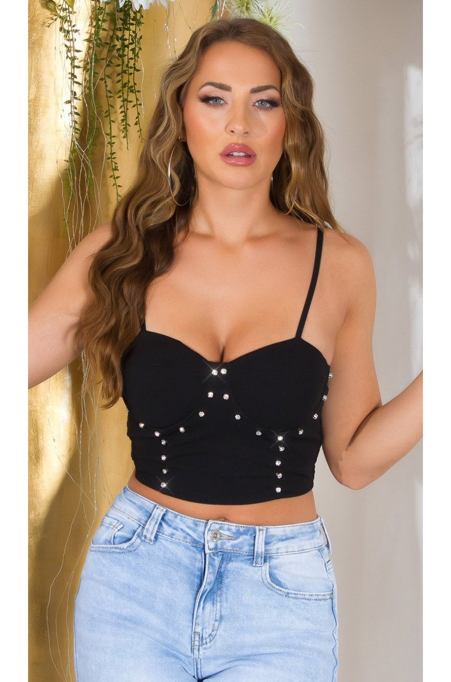 Crop top dama, negru, cu pietricele si cupe incorporate, Karinne 1 - jojofashion.ro