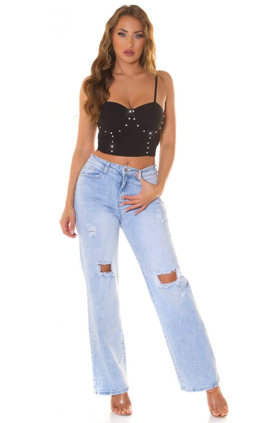 Crop top dama, negru, cu pietricele si cupe incorporate, Karinne 3 - jojofashion.ro