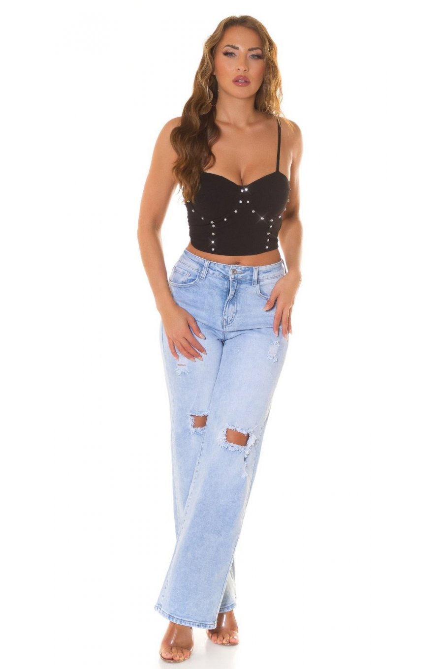 Crop top dama, negru, cu pietricele si cupe incorporate, Karinne 5 - jojofashion.ro