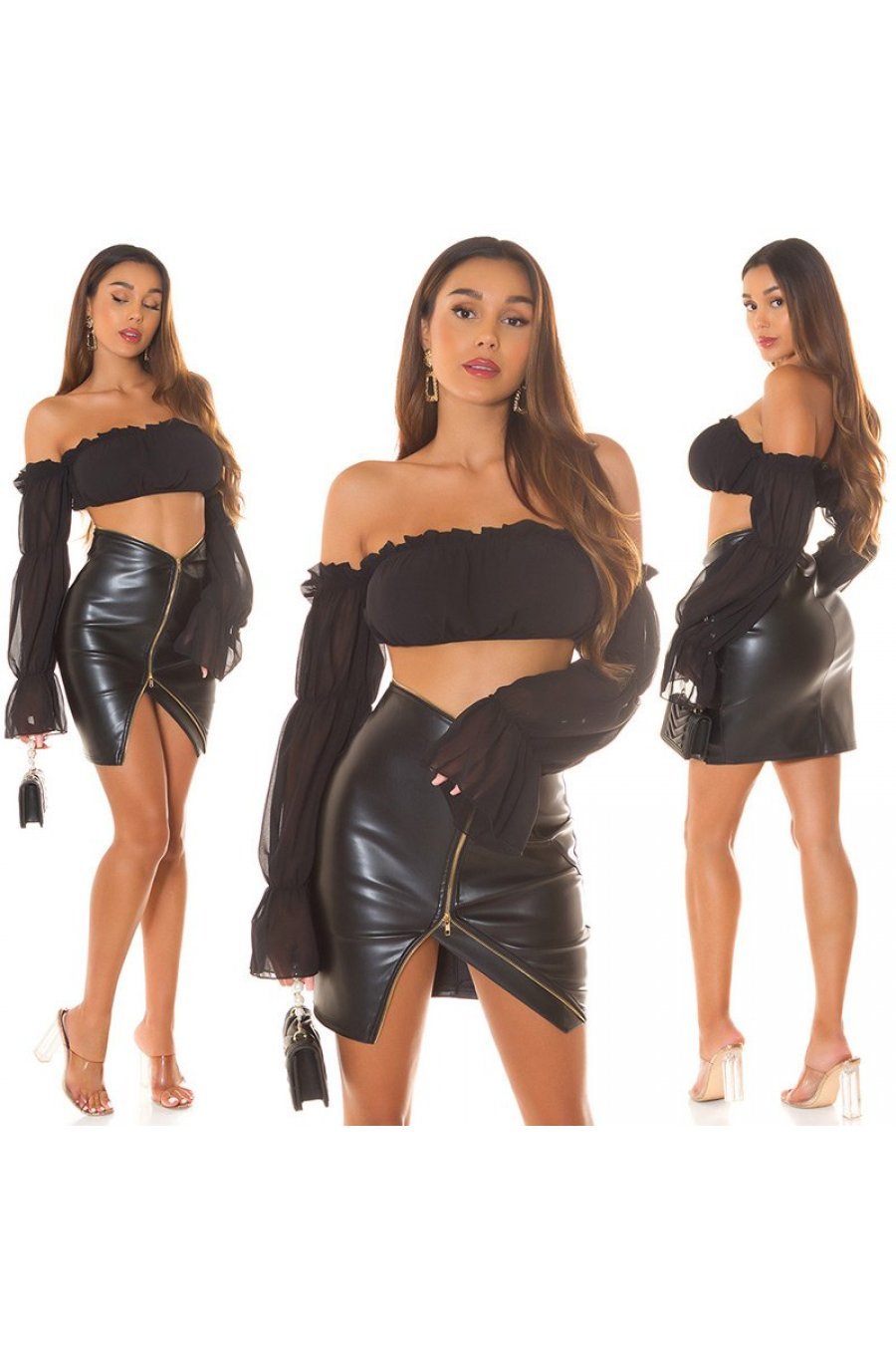 Tinuta crop top negru cu maneca lunga, fusta piele si geanta Lisette 1 - jojofashion.ro