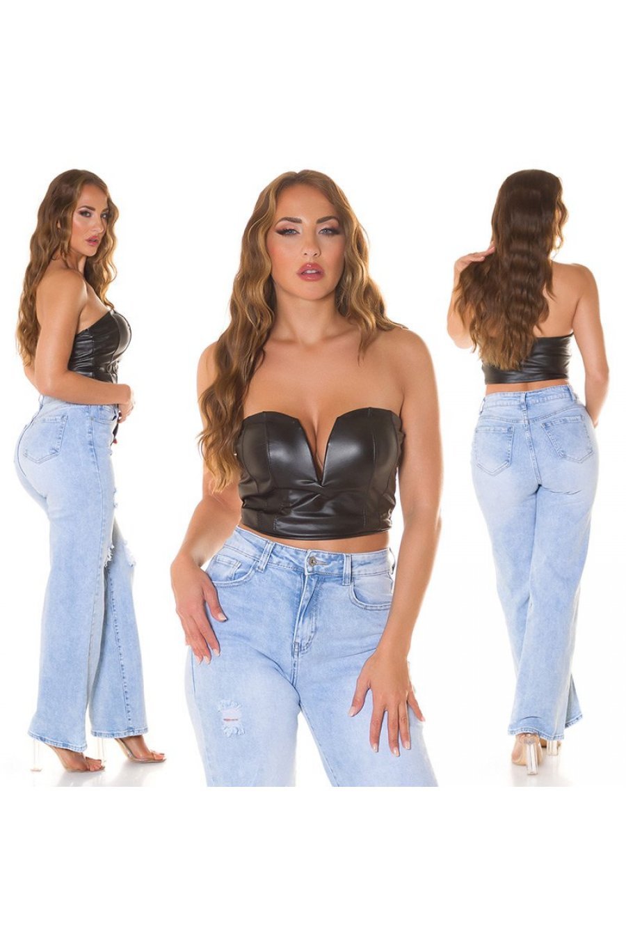 Crop top dama negru, din piele eco, bandeau, Frances Crop top dama negru, din piele eco, bandeau, Frances 7 - jojofashion.ro