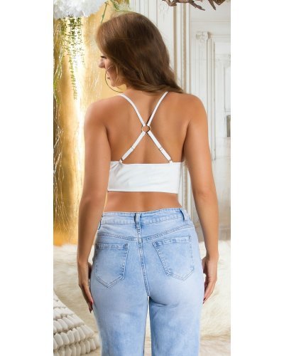 Crop top dama piele eco, alb, cu snur pe decolteu, Elirosee Crop top dama piele eco, alb, cu snur pe decolteu, Elirosee - jojofashion.ro