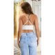 Crop top dama piele eco, alb, cu snur pe decolteu, Elirosee Crop top dama piele eco, alb, cu snur pe decolteu, Elirosee 3 - jojofashion.ro