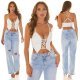 Crop top dama piele eco, alb, cu snur pe decolteu, Elirosee Crop top dama piele eco, alb, cu snur pe decolteu, Elirosee 8 - jojofashion.ro