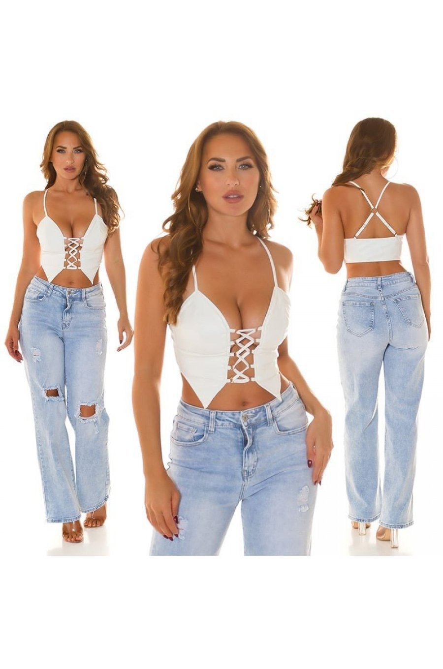 Crop top dama piele eco, alb, cu snur pe decolteu, Elirosee Crop top dama piele eco, alb, cu snur pe decolteu, Elirosee 7 - jojofashion.ro
