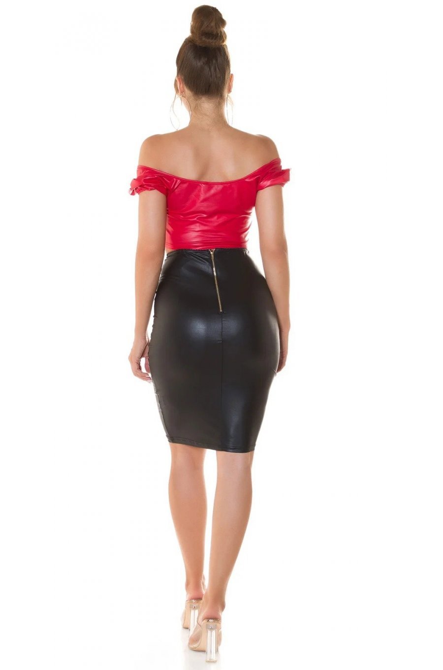 Crop top dama piele eco rosie tip corset Manya 4 - jojofashion.ro