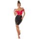 Tinuta top rosu piele eco si fusta midi neagra Manya 2 - jojofashion.ro