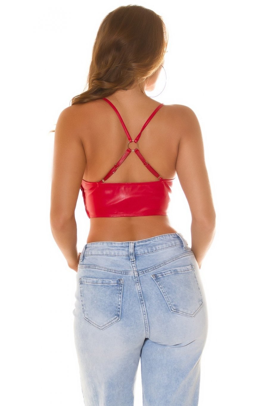 Crop top dama piele eco, rosu, cu snur pe decolteu, Elirosee Crop top dama piele eco, rosu, cu snur pe decolteu, Elirosee 2 - jojofashion.ro
