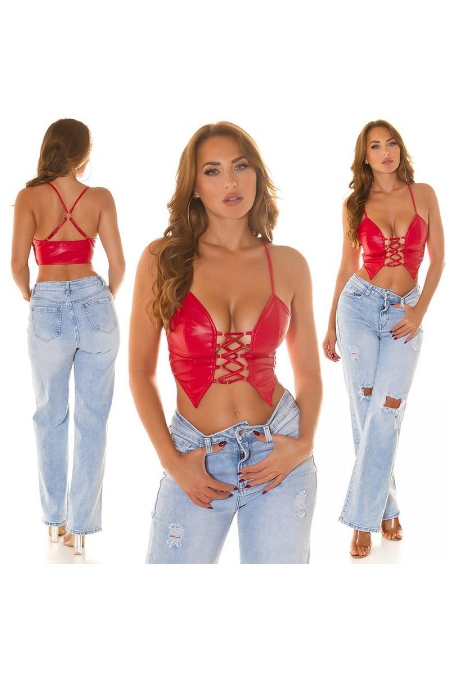 Crop top dama piele eco, rosu, cu snur pe decolteu, Elirosee Crop top dama piele eco, rosu, cu snur pe decolteu, Elirosee 6 - jojofashion.ro