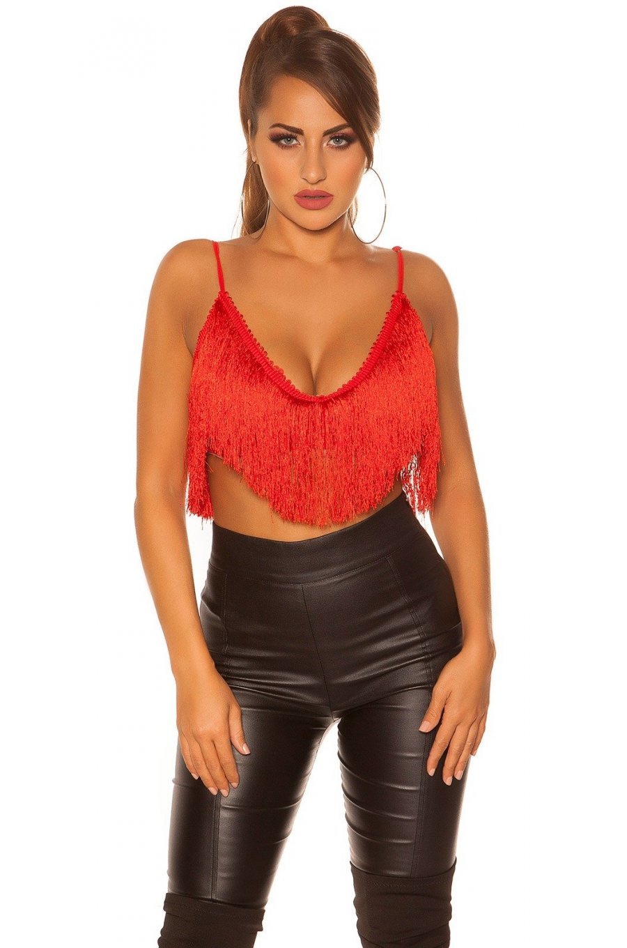 Crop top dama rosu cu franjuri Tubba 4 - jojofashion.ro