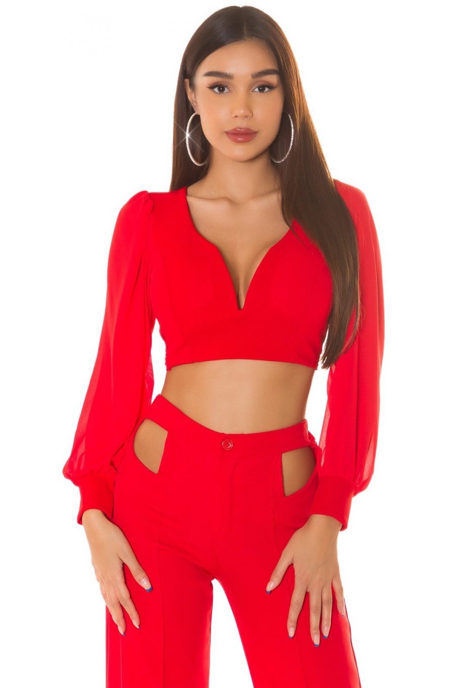 Crop top dama, rosu, cu maneca lunga si decolteu in V, Meredith 1 - jojofashion.ro