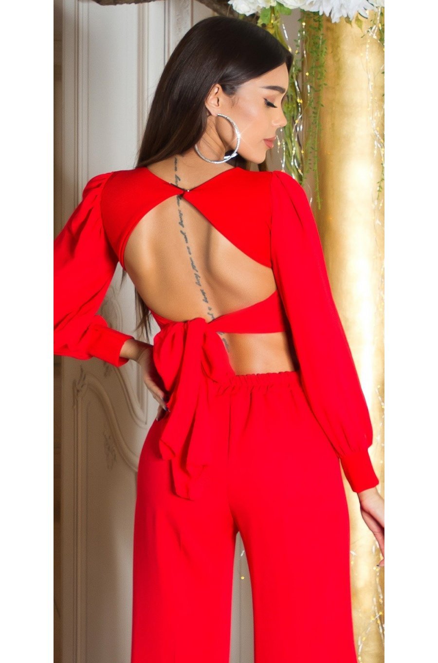 Crop top dama, rosu, cu maneca lunga si decolteu in V, Meredith 2 - jojofashion.ro